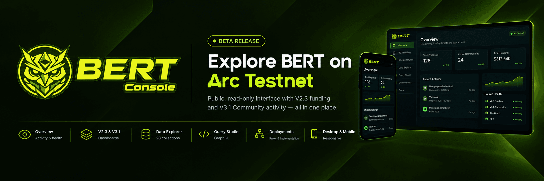 BERT Console V0.1.0 Beta launch banner for Arc Testnet
